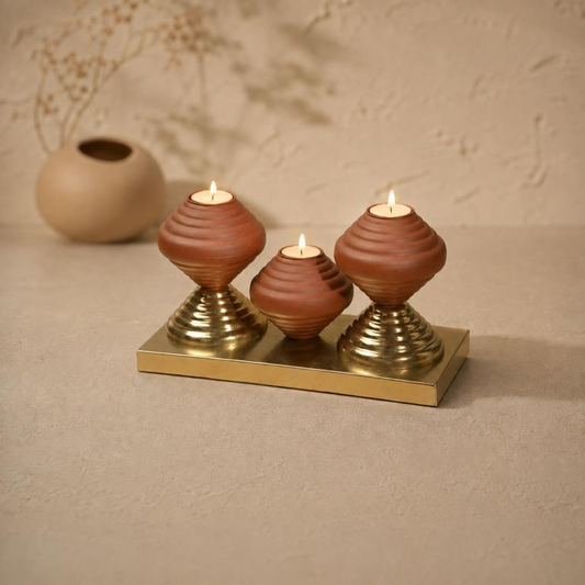 Trimatki Triple Terracotta Pot Tealight Tray, handcrafted metal craft