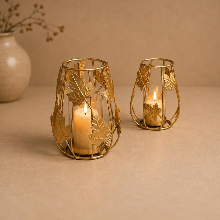 Taara Patra Leaf Cage Candle Lantern Pair, handcrafted metal craft
