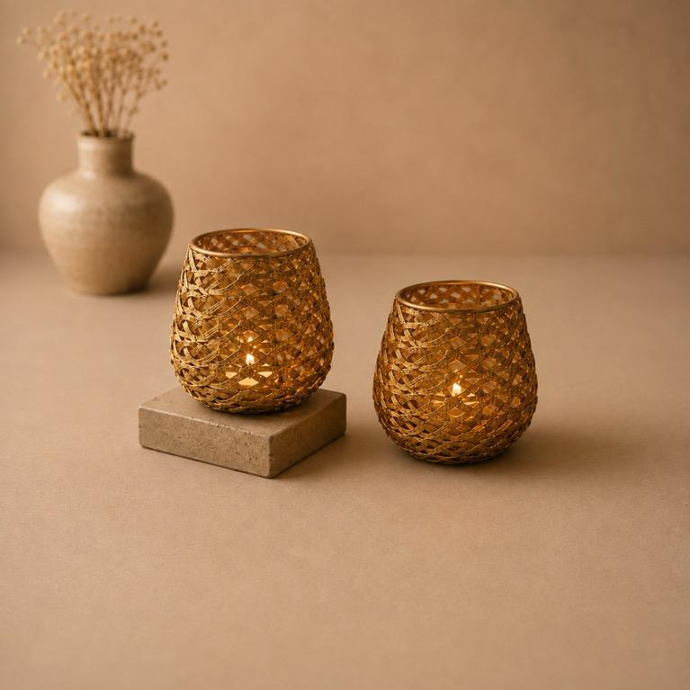 Matki Roshni Woven Metal Pot Tealight Pair, handcrafted metal craft