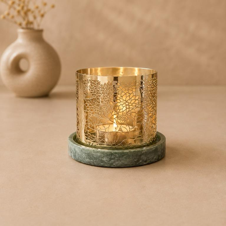 Aabha Deepika Floral Cutwork Brass Tealight Holder, handcrafted metal craft