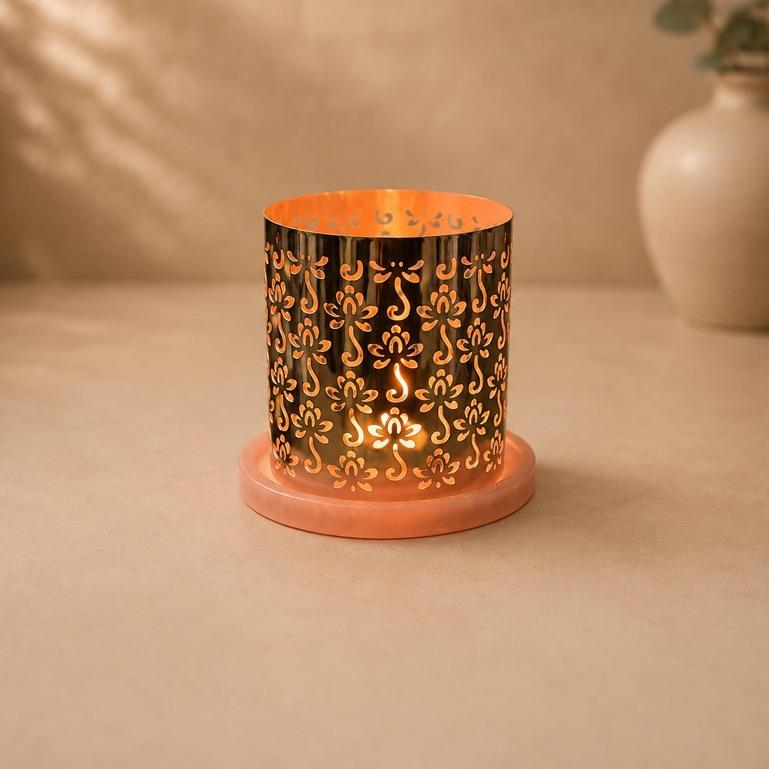 Prabha Deepika Floral Cutwork Copper-Tone Tealight Holder, handcrafted metal craft
