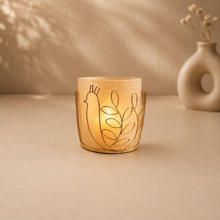 Kaanch Deepika Peacock Motif Glass Tealight Holder, handcrafted metal craft