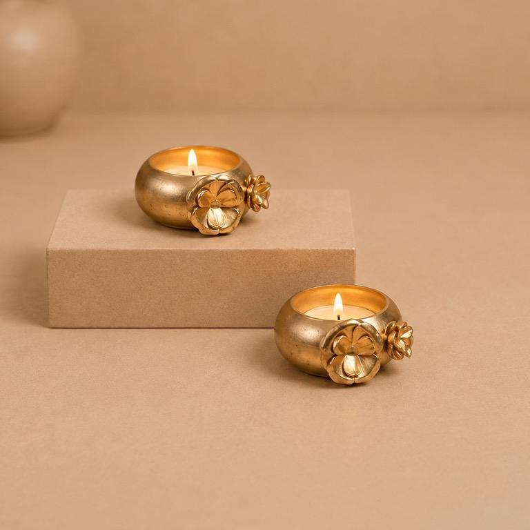 Pushkar Floral Brass Tealight Pair, handcrafted metal craft