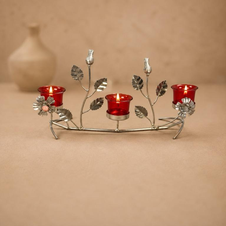 Latika Floral Vine Triple Tealight Holder, handcrafted metal craft
