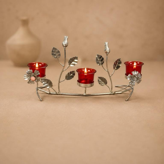 Latika Floral Vine Triple Tealight Holder, handcrafted metal craft