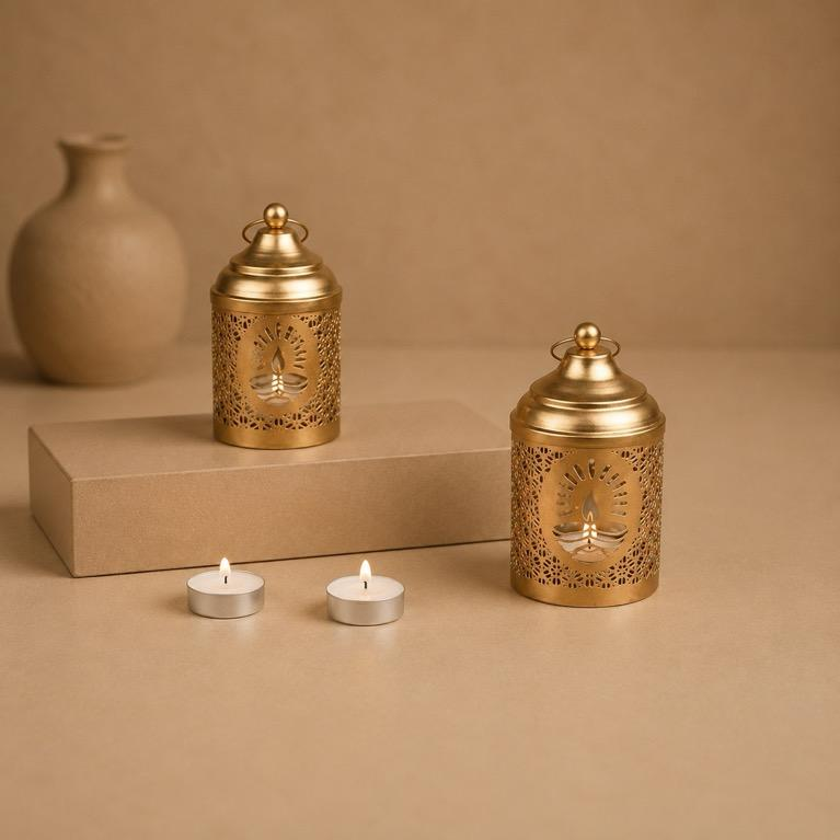 Kandeel Jodi Jaali Cylinder Lantern Pair, handcrafted metal craft