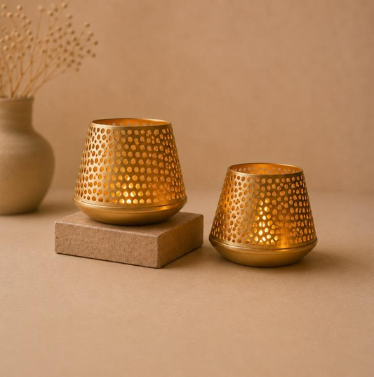 Jaali Cups Perforated Brass Tealight Cup Pair, handcrafted metal craft