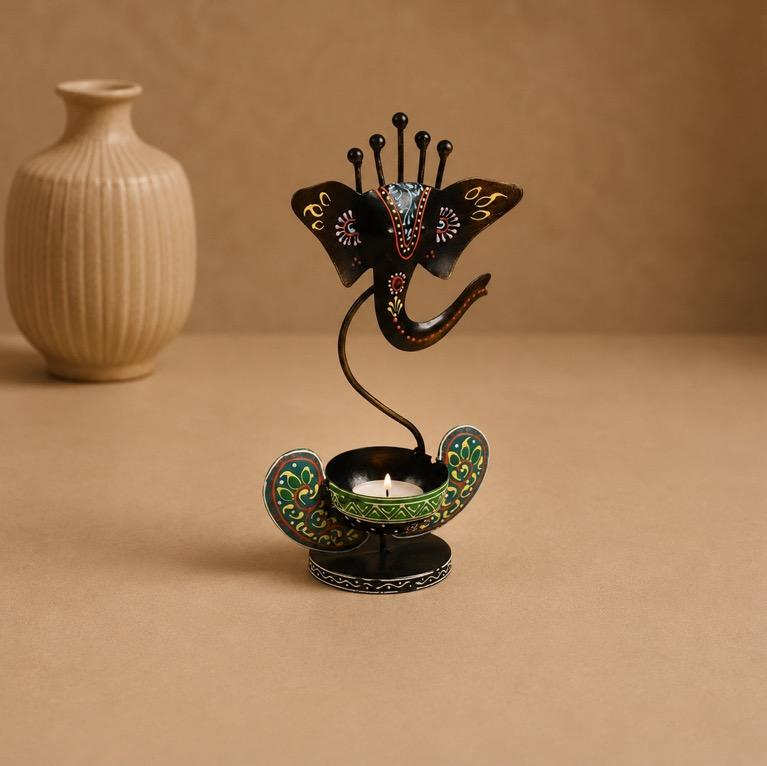 Lambodhar Painted Ganesha Tealight Holder, handcrafted metal craft