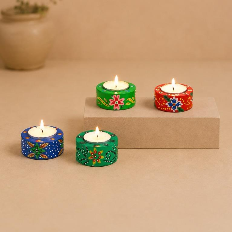 Banarasi Roshni Hand-Painted Wooden Tealight Set, handcrafted wooden lacquerware