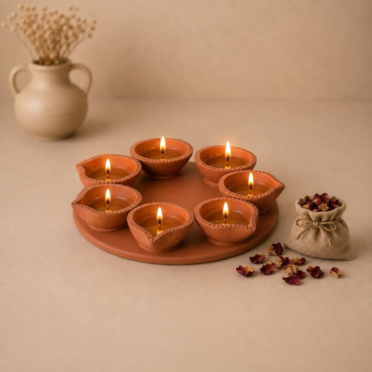 Rangoli Deep Terracotta Diya Platter Set, handcrafted Kagzi pottery