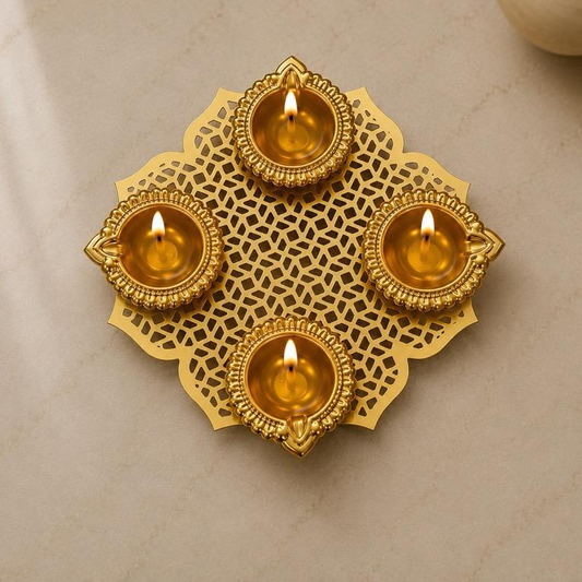 Deepika Aabha Diamond Jaali Diya Tray, handcrafted metal craft
