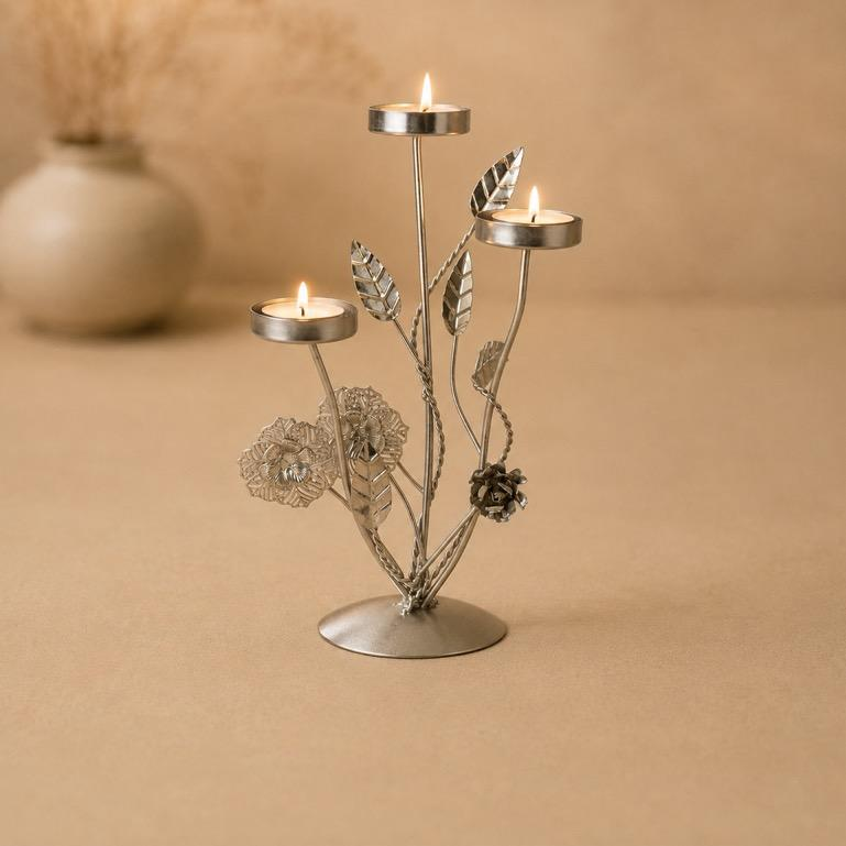 Vriksha Floral Branch Triple Tealight Stand, handcrafted metal craft