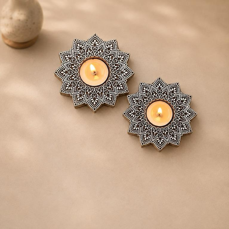 Chhapa Aabha Wooden Block Tealight Holder, handcrafted wooden block print