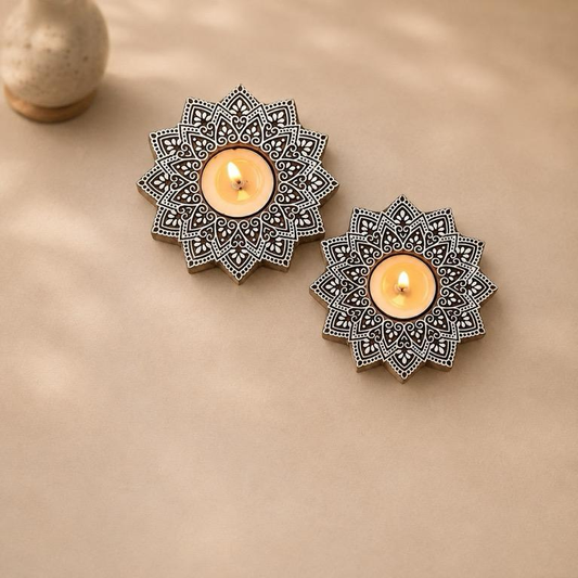 Chhapa Aabha Wooden Block Tealight Holder, handcrafted wooden block print