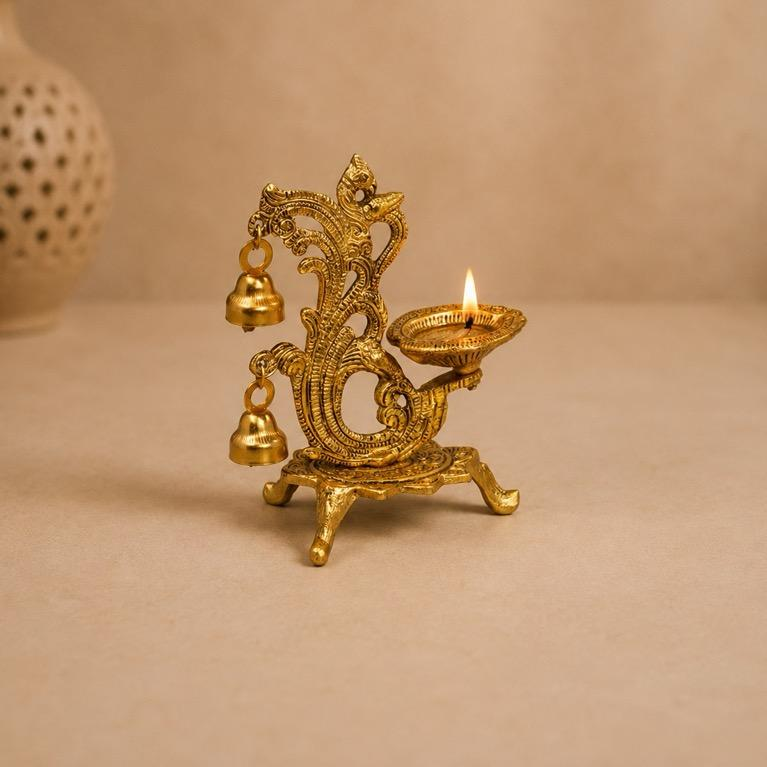 Mayura Deepam Metal Peacock Diya with Bells, handcrafted metal craft