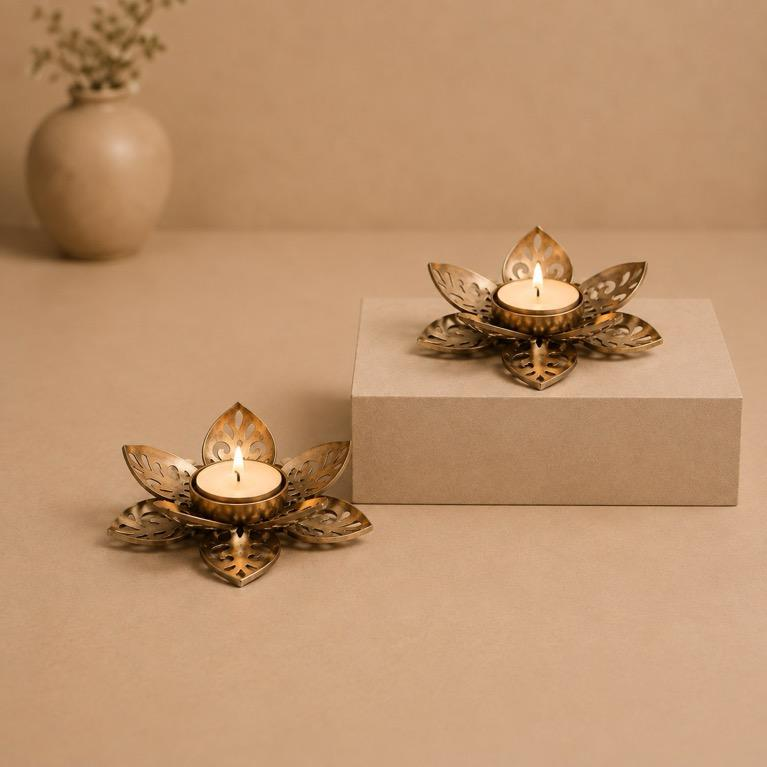 Kamal Metal Lotus Tealight Holder Set of 2, handcrafted metal craft