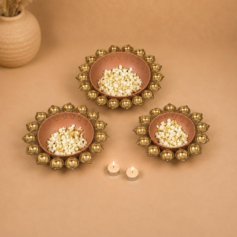 Moti Traya Metal Pearl-Rimmed Urli Set, handcrafted Metal Craft (Moradabad)