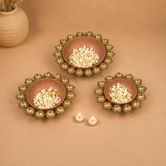 Moti Traya Metal Pearl-Rimmed Urli Set, handcrafted Metal Craft (Moradabad)
