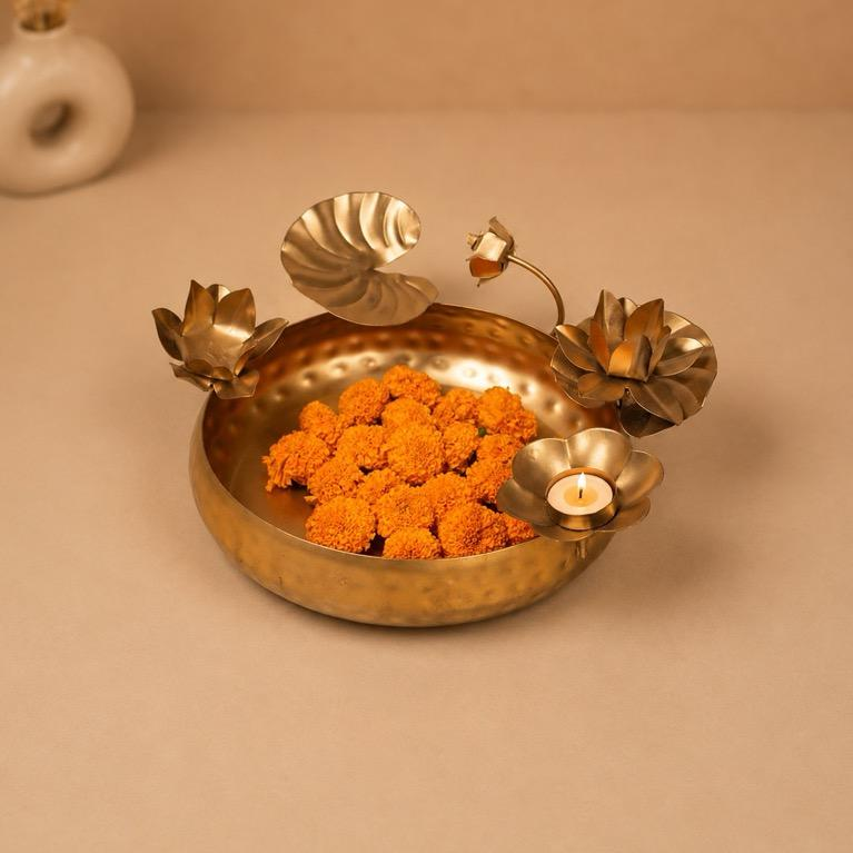 Kanak Patra Urli Metal Leaf-Flower Urli Bowl, handcrafted Metal Craft (Moradabad)