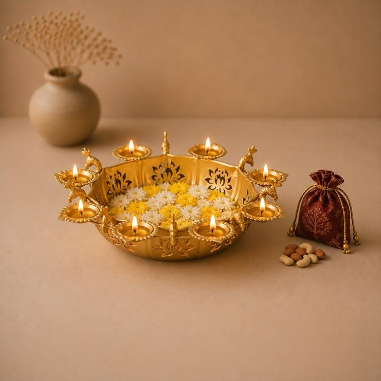 Rajmayur Sarovar Metal Peacock Diya Urli, handcrafted Metal Craft (Moradabad)