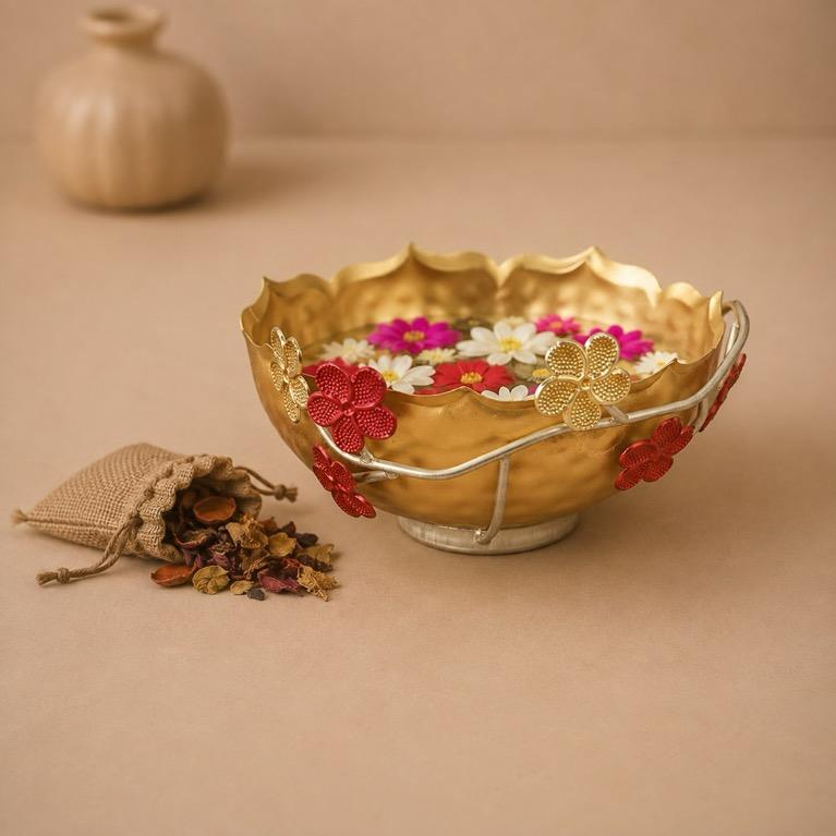 Kanak Kamal Metal Scalloped Floral Bowl, handcrafted Metal Craft (Moradabad)