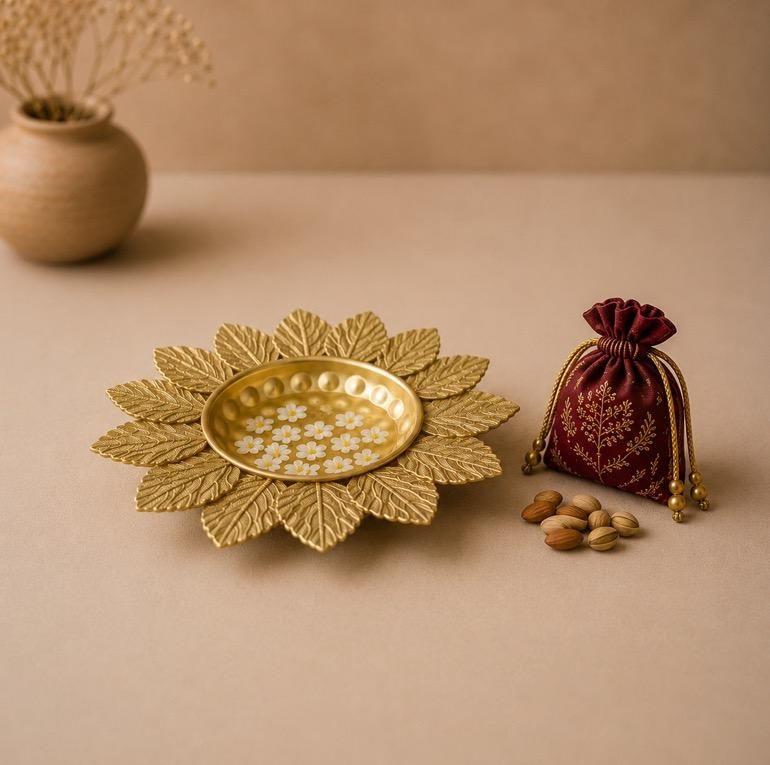 Patra Sarovar Metal Leaf-Rimmed Urli Plate, handcrafted Metal Craft (Moradabad)