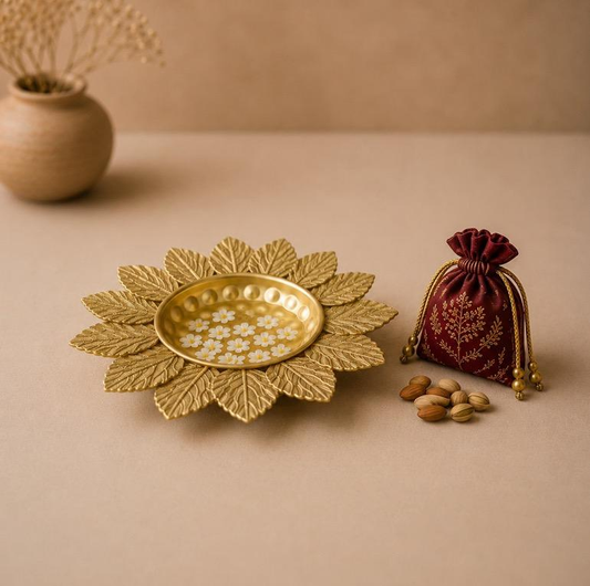Patra Sarovar Metal Leaf-Rimmed Urli Plate, handcrafted Metal Craft (Moradabad)