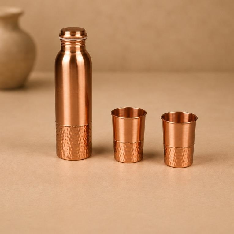 Tamra Arogya Copper Bottle and Glass Set, handcrafted Metal Craft (Moradabad)