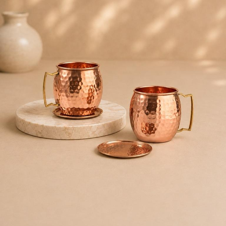 Tamra Yugm Hammered Copper Mug Pair, handcrafted Metal Craft (Moradabad)