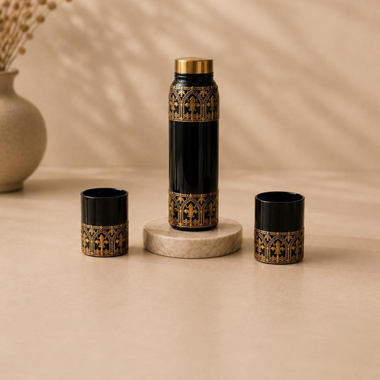 Tamra Jal Botal Black and Gold Copper Bottle Set, handcrafted Metal Craft (Moradabad)