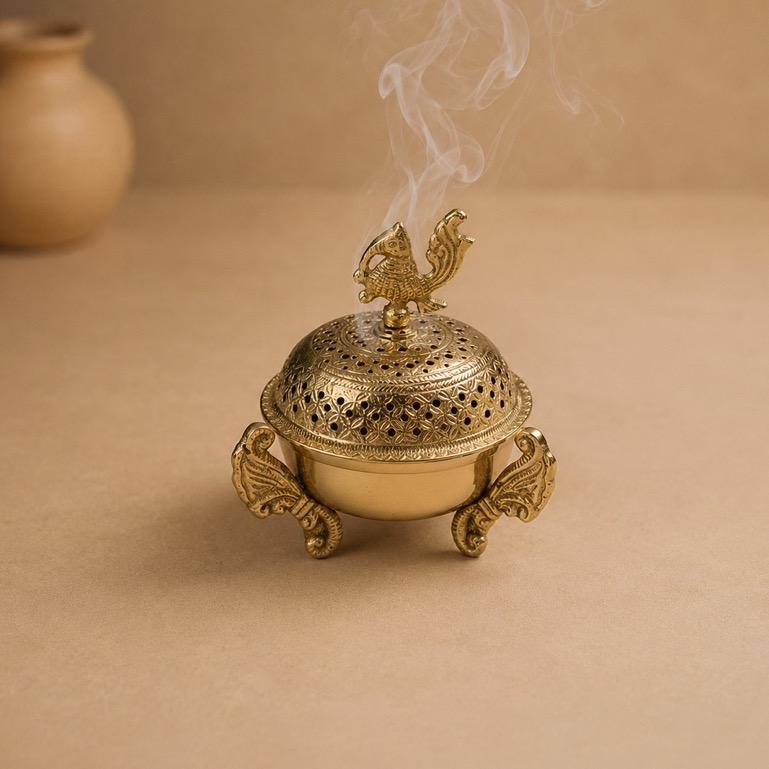 Dhoop Manjari Brass Footed Incense Burner, handcrafted brass metal craft
