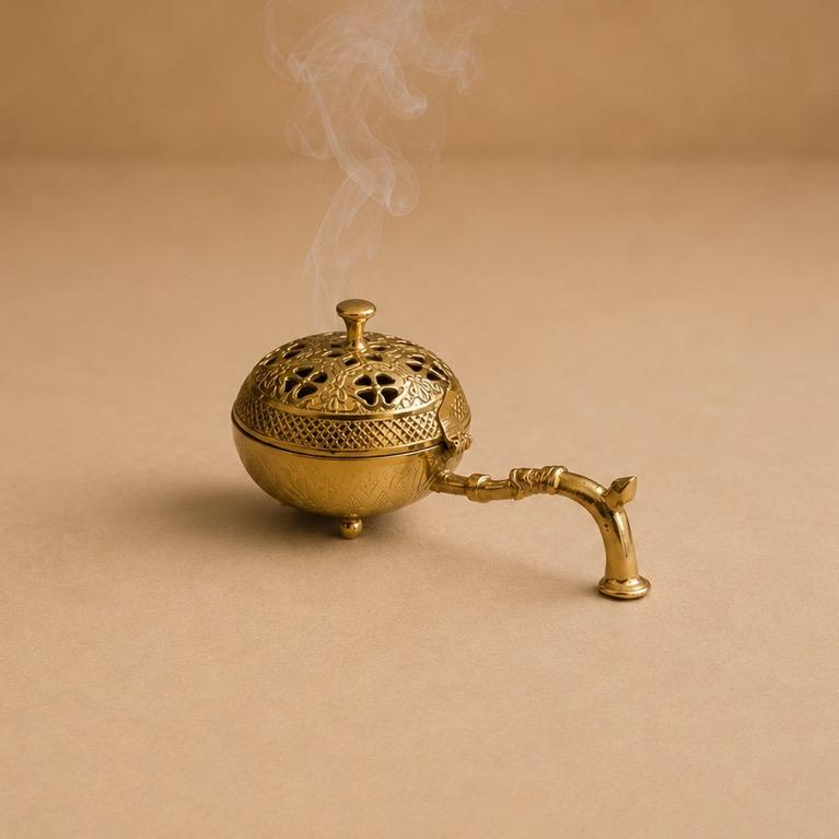 Dhoop Aradhya - II Brass Round Incense Burner, handcrafted brass metal craft