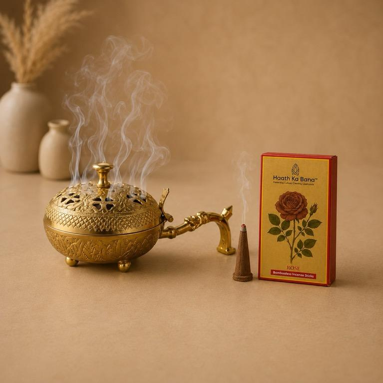 Dhoop Aradhya Brass Incense Burner with Incense Cones, handcrafted brass metal craft