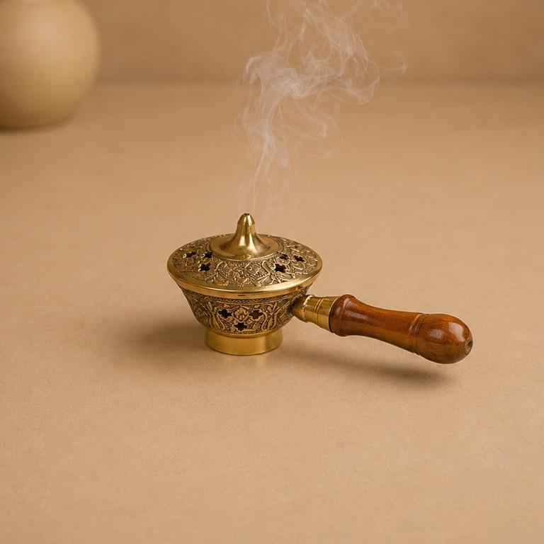 Loban Prabha - II Brass Wood-Handle Incense Burner, handcrafted brass metal craft