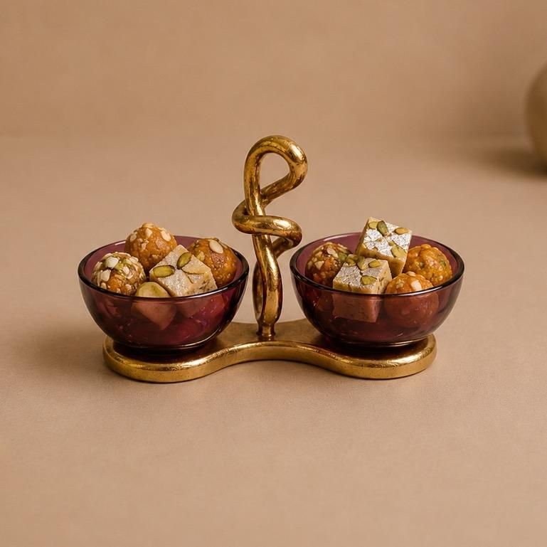 Katori Samuh Twin Bowl Serving Set, handcrafted metal craft