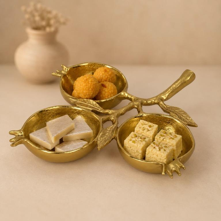 Anaar Thaal Pomegranate Three-Bowl Platter, handcrafted metal craft