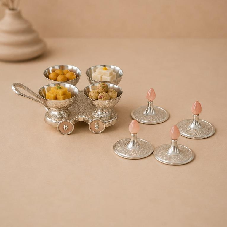 Shahi Raths Wheeled Serving Set, handcrafted metal craft