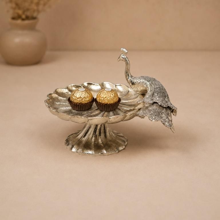 Mayura Chandi Silver Peacock Stand, handcrafted metal craft