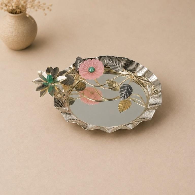 Rajat Pushp Floral Mirror Tray, handcrafted metal craft