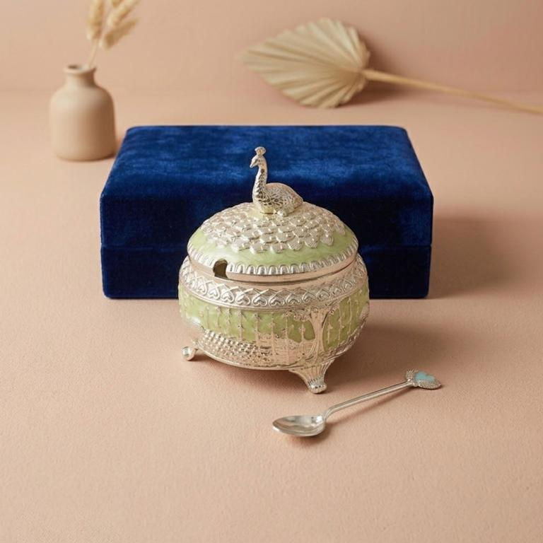 Neel Mor Manjusha Peacock Lidded Bowl, handcrafted metal craft