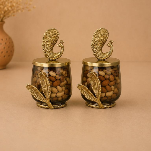 Mayur Kalash Peacock-Top Dry Fruit Jars, handcrafted metal craft