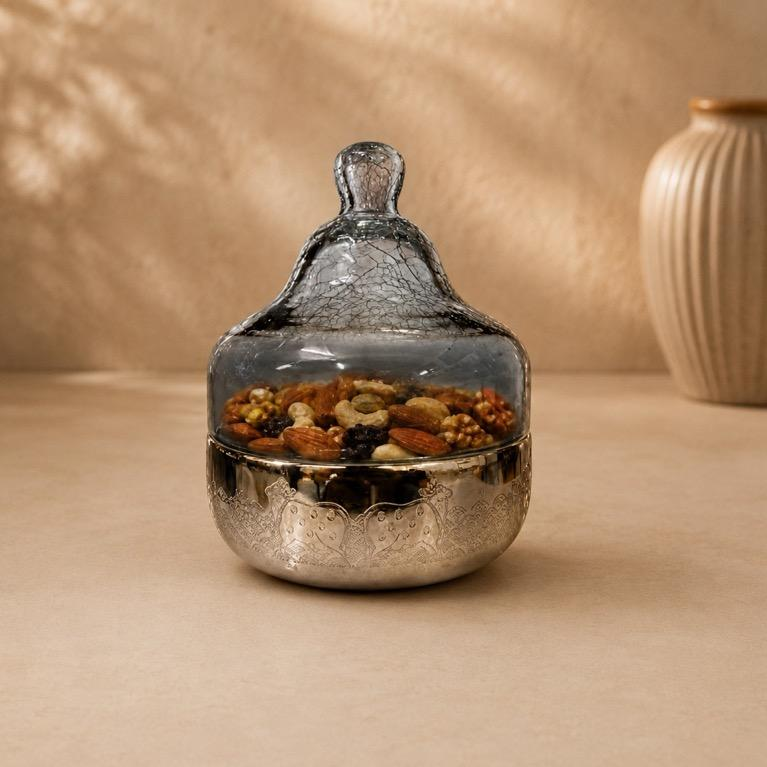 Rajat-Kanch Mewa Bartan Silver & Glass Dry Fruit Jar, handcrafted metal craft