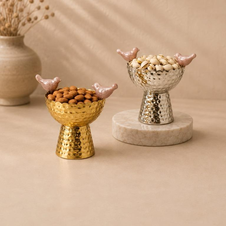 Khag Katori Bird-Perched Dry Fruit Bowl, handcrafted metal craft