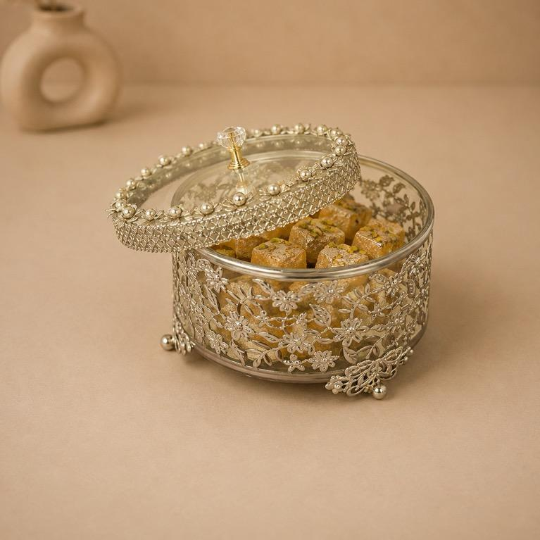 Kanak Mithaas Filigree Sweet Box (Round), handcrafted metal craft