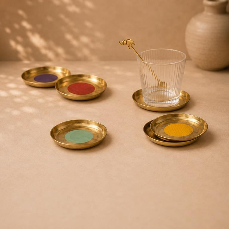 Rangoli Saaj Brass Coaster Set, handcrafted metal craft