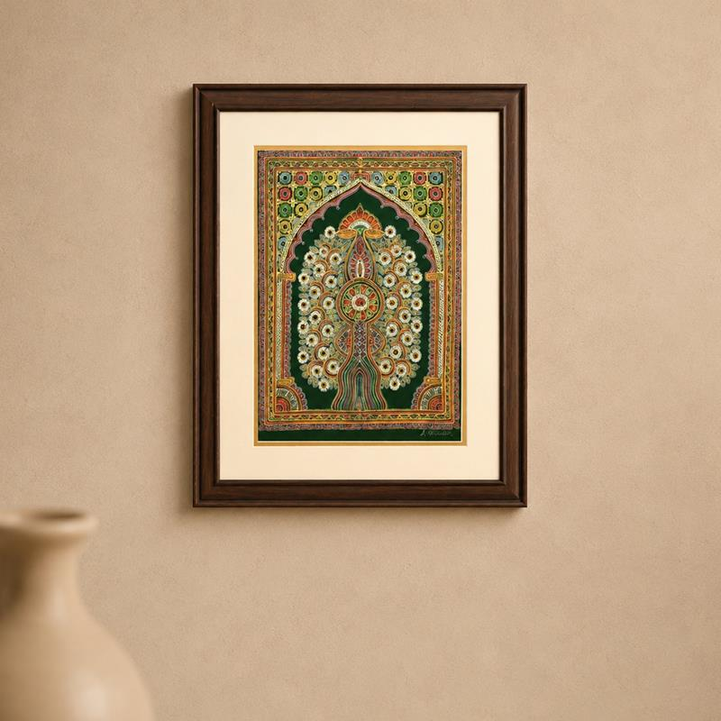 Rogan Peacock Tree Framed Art, handcrafted Rogan art