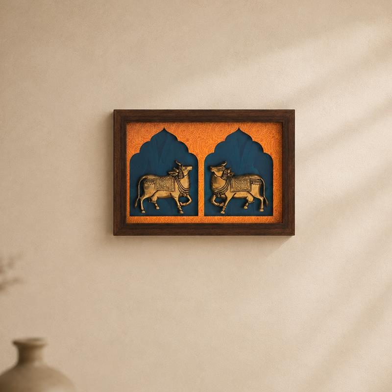 Kamadhenu Framed Brass Cows With Jharokha, handcrafted Metal Craft