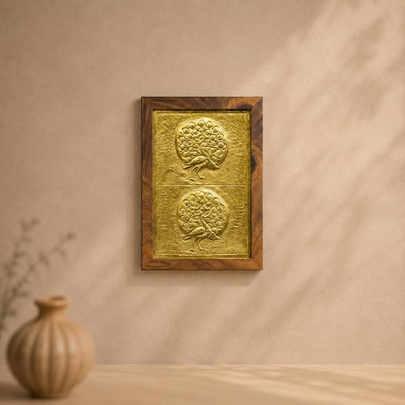Chitai Mayura Framed Brass Peacock Panel, handcrafted Chitai art