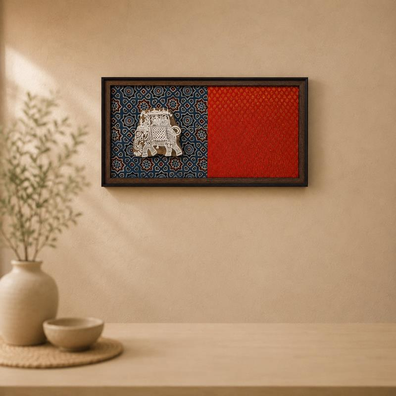 Milaap Gajraj Elephant Ajrakh Brocade Panel, handcrafted Wooden Block Print (Farrukhabad)