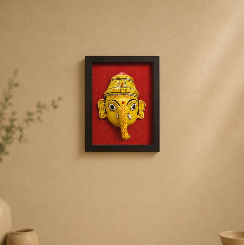 Cheriyal Ganapati Mask With Silk Backdrop, handcrafted Cheriyal (Telangana)